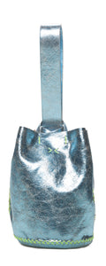 navigli bag | metallic light blue leather with green stiches