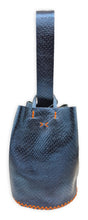 navigli bag | metallic navy upcycled leather with orange stitches