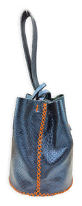 navigli bag | metallic navy upcycled leather with orange stitches