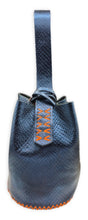 navigli bag | metallic navy upcycled leather with orange stitches