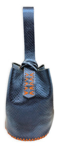 navigli bag | metallic navy upcycled leather with orange stitches