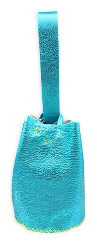 navigli bag | metallic blue upcycled leather with neon stitches