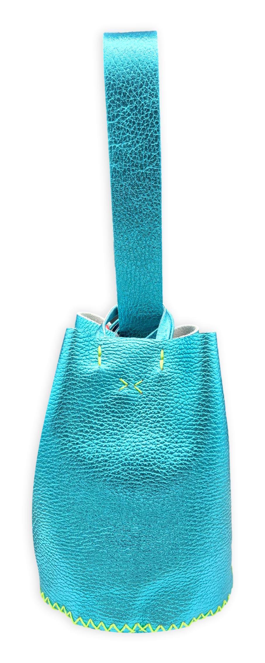 navigli bag | metallic blue upcycled leather with neon stitches