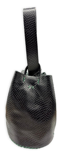 navigli bag | black snake-embossed upcycled leather with green stitches