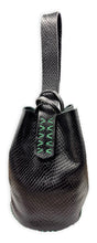 navigli bag | black snake-embossed upcycled leather with green stitches
