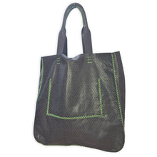ipanema bag | black geometric-embossing upcycled leather with green stitching