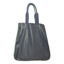 ipanema bag | black geometric-embossing upcycled leather with green stitching
