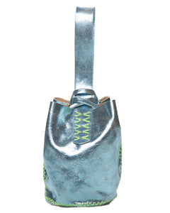 navigli bag | metallic light blue leather with green stiches