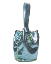 navigli bag | metallic light blue leather with green stiches