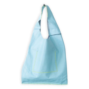palermo bag | cyan upcycled leather with neon stitches