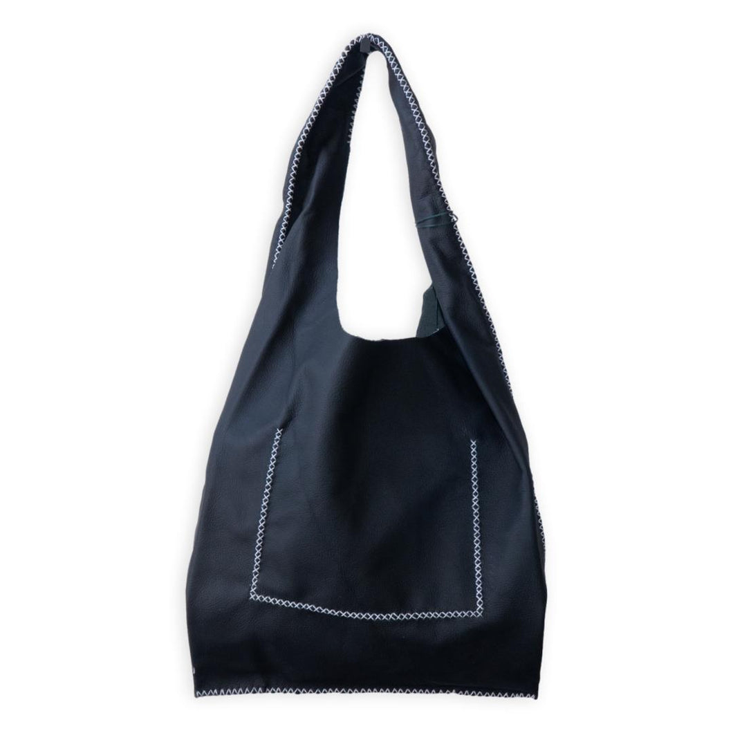 palermo bag | black upcycled leather with white stitches