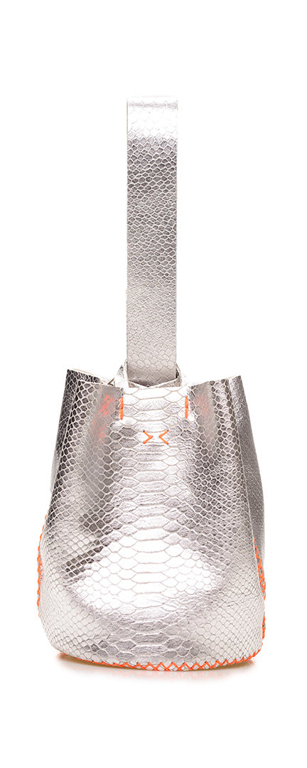 navigli bag | silver snake embossed upcycled leather with orange thread