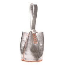 navigli bag | silver snake embossed upcycled leather with orange thread