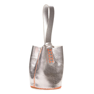 navigli bag | silver snake embossed upcycled leather with orange thread