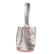 navigli bag | silver upcycled leather with pink thread