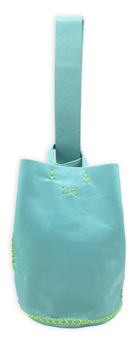 navigli bag | cyan upcycled leather with neon stitches