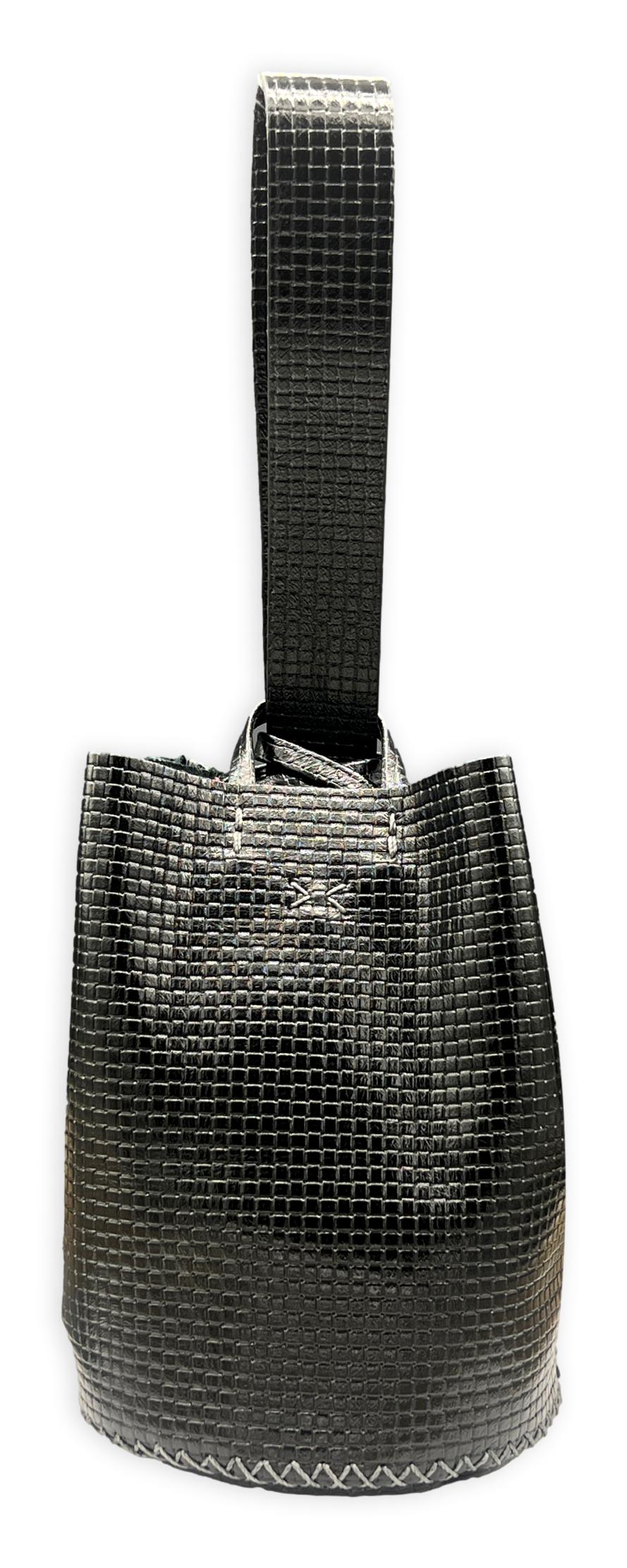 navigli bag | black geometric-embossed upcycled leather