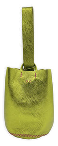 navigli bag | metallic green upcycled leather with pink stitches