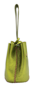 navigli bag | metallic green upcycled leather with pink stitches