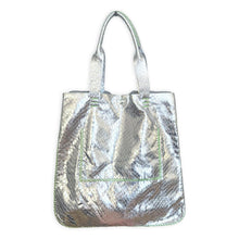ipanema bag | silver snake-embossed upcycled leather with neon green stitches