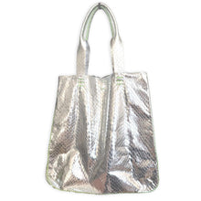 ipanema bag | silver snake-embossed upcycled leather with neon green stitches