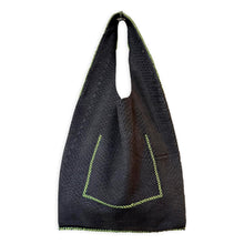 palermo bag | black embossed upcycled leather with green stitching