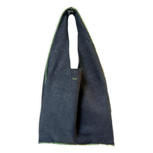 palermo bag | black embossed upcycled leather with green stitching