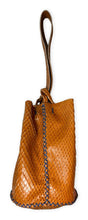 navigli bag | caramel razor-cut upcycled leather with blue stitches