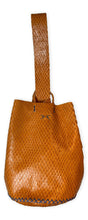 navigli bag | caramel razor-cut upcycled leather with blue stitches