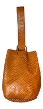 navigli bag | caramel razor-cut upcycled leather with blue stitches